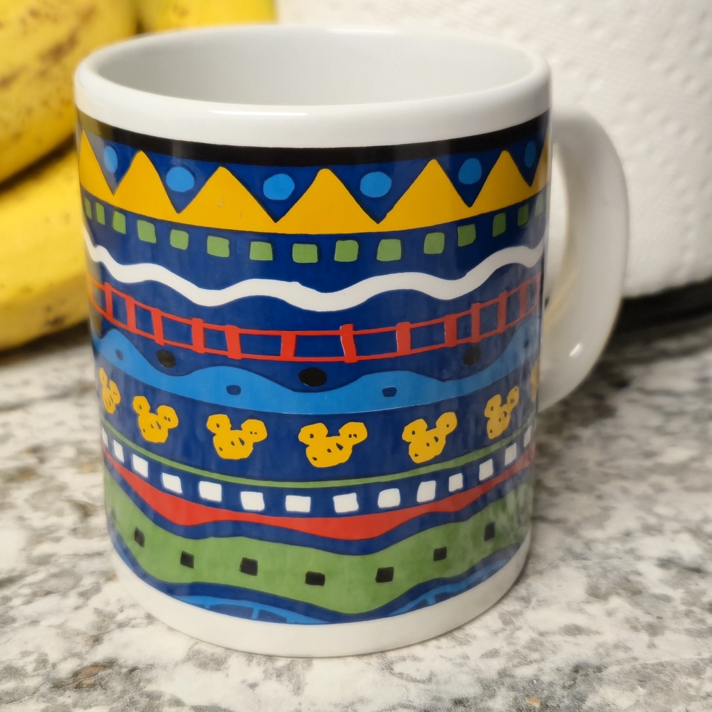Vintage 90s Disney Colorful Patterned Mug Like New Mickey Mouse And Nature Scene